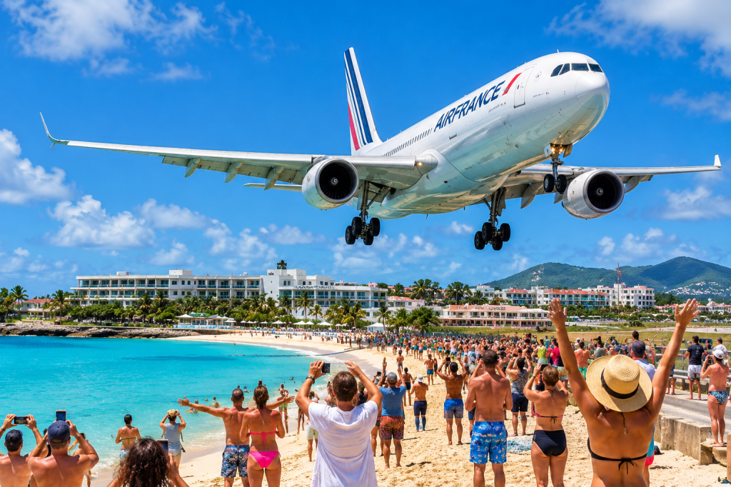 Air France plane landing over Maho Beach in St. Maarten