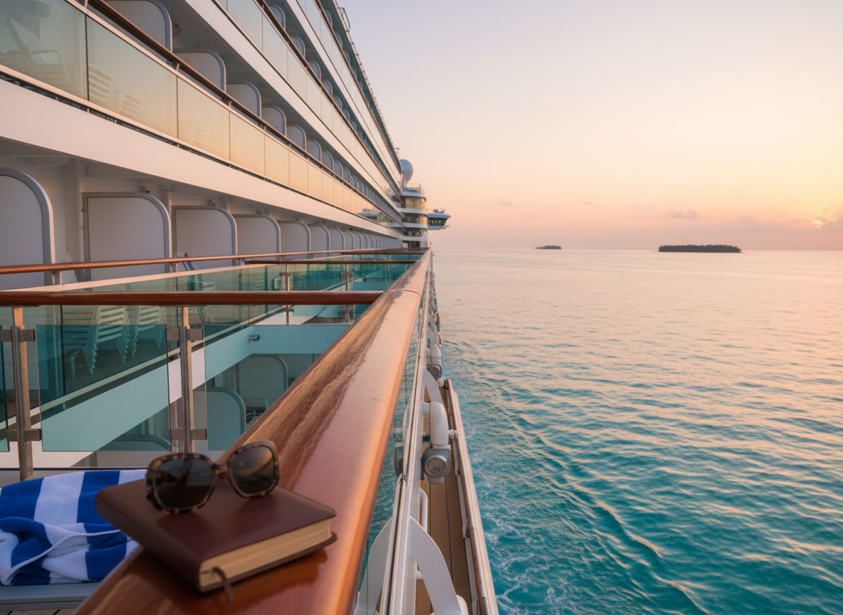 A gleaming white ocean cruise ship gliding across calm turquoise water, its multiple decks lined with neatly arranged lounge chairs and private balconies. In the foreground, a polished teak railing with a neatly folded striped beach towel and a closed leather-bound travel journal rests beside a pair of oversized sunglasses. The horizon stretches wide under a soft golden hour sky, pastel peach and lavender hues reflecting on the sea. Photographic realism, shot from an eye-level angle along the ship’s side, with gentle sunlight creating subtle highlights on metal surfaces and a serene, sophisticated mood. Shallow depth of field keeps the railing and ship in crisp focus while the distant islands blur softly in the background.