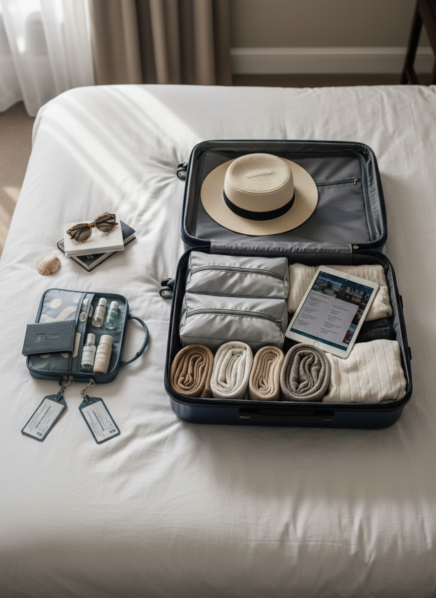 An elegant flat lay of meticulous cruise packing essentials arranged on a crisp white hotel bed with a textured linen duvet. A hard-shell navy suitcase lies open, half-packed with neatly rolled neutral-toned clothing, a wide-brimmed straw hat, sleek packing cubes, and a slim tablet displaying a blurred cruise itinerary screen. Beside it, a small organizer with labeled compartments holds travel-sized toiletries, passport holder, and luggage tags. Soft, diffused afternoon light from a nearby window casts gentle shadows and a calm, organized atmosphere. Photographic realism, shot from a bird’s eye view with clean, sophisticated composition and subtle bokeh at the edges, conveying thoughtful travel planning and polished preparation for an upcoming voyage.