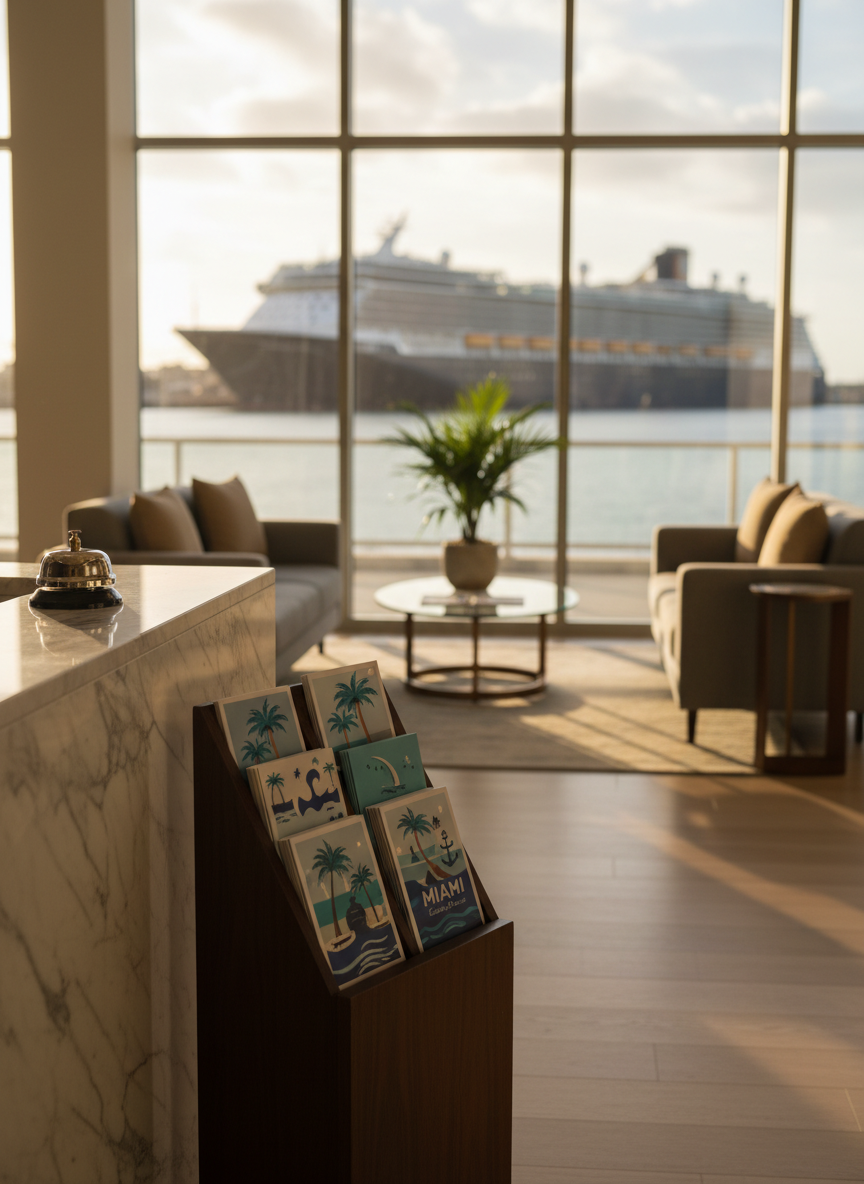 A polished hotel lobby near a major cruise port, designed in a contemporary coastal style. In the foreground, a glossy marble check-in counter with a sleek brass bell sits beside a neatly arranged brochure stand showing abstracted cruise ships and tropical icons. Plush, low-profile sofas in soft gray and sand tones surround a glass coffee table with a small potted palm and a folded city map. Large floor-to-ceiling windows reveal a blurred glimpse of a distant harbor and the silhouette of a docked ship. Photographic realism, warm late-afternoon light streaming in, casting long, elegant shadows. Shot at eye level with sharp focus on the counter and gentle background bokeh, creating a welcoming, sophisticated pre-cruise atmosphere.