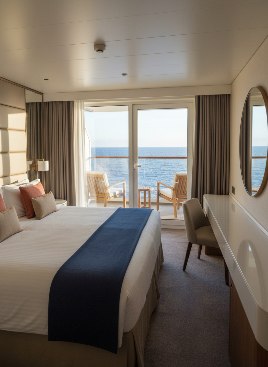 A luxurious balcony cruise cabin captured in photographic realism, featuring a neatly made king-size bed with crisp white sheets, a navy throw, and accent pillows in muted coral and sand tones. Floor-to-ceiling glass doors open to a private balcony where two modern teak chairs and a small round table face a sweeping view of deep blue ocean. Soft natural daylight floods the room, creating delicate reflections on a sleek built-in desk and mirror. Shot from a slightly elevated corner angle to show both interior and balcony, with balanced composition and a serene, sophisticated mood, emphasizing comfort, space, and the allure of waking up at sea without any visible people.